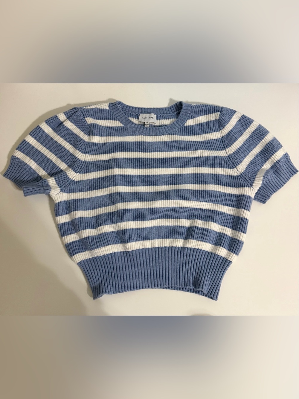 Pink Rose Blue & White Striped Ribbed Crew Sweater